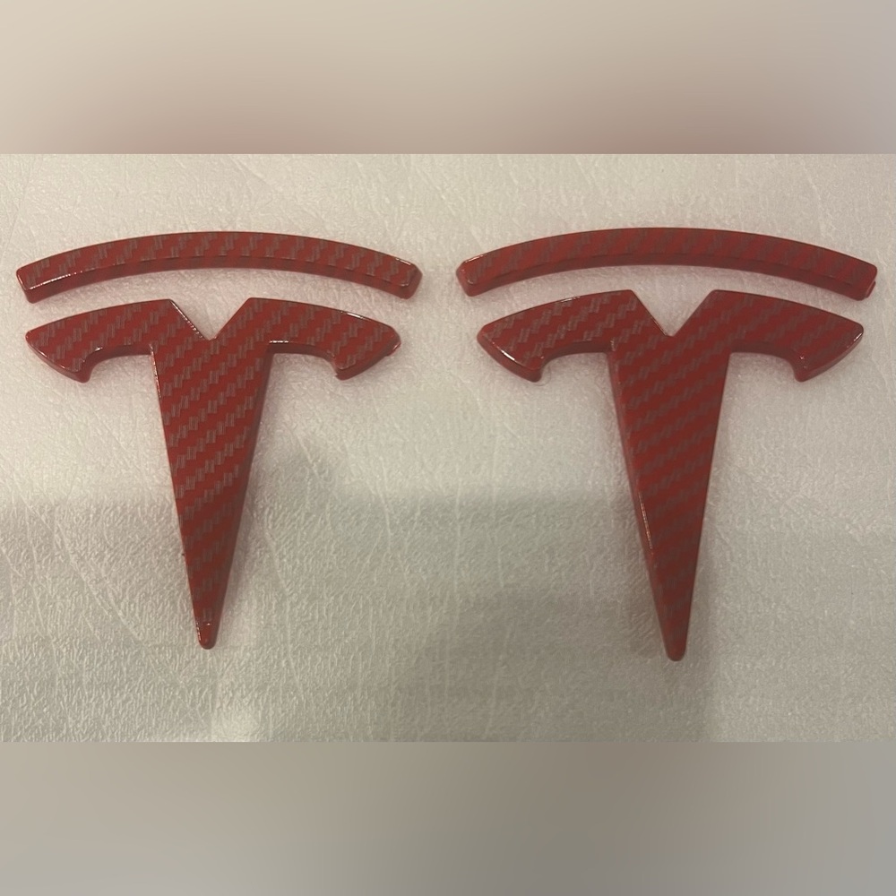 Tesla Model 3 Glossy Red Carbon Fiber Trunk & Hood Overlay Emblems